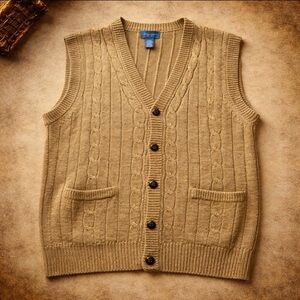 TOWNCRAFT Sweater Vest Large Cable Knit Brown Grandpa Dad Buttons Pockets 90s